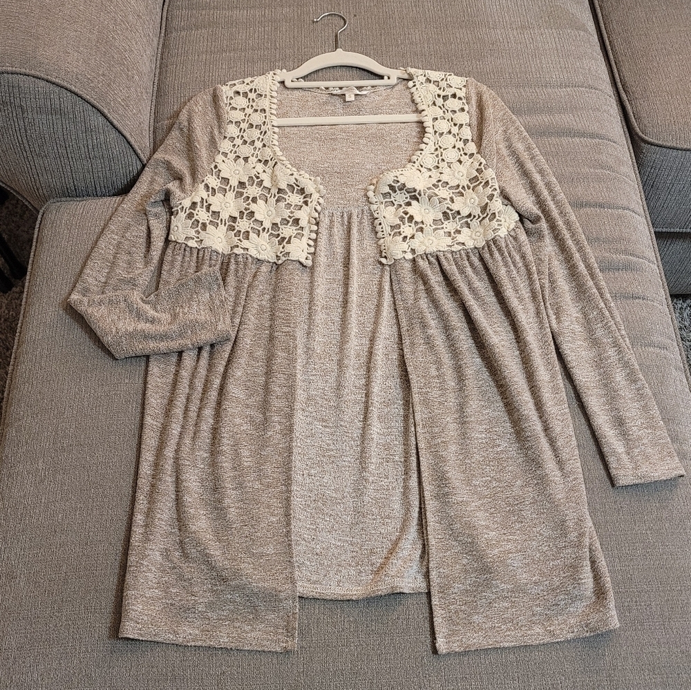 Entro Boho Embroidered Cottagecore Open Front Cardigan Size Small Tan Cream